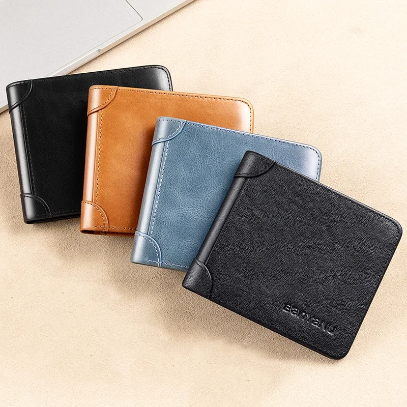 

Genuine Leather Men's Wallet Luxury Small Short Bifold RFID Credit Card Holder Cross Purse Slim Money Bag Thin Wallet for Men