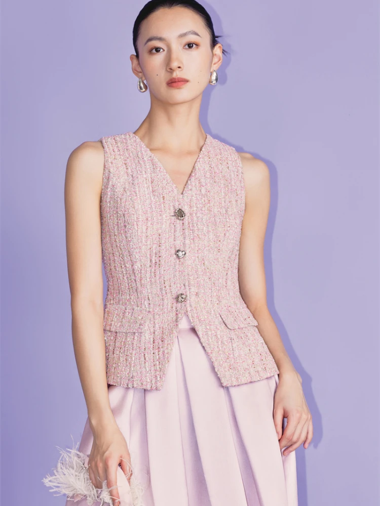 

Slim Fit Pink Tweed V-neck Vest for Women 2024 New Small Fragrance Vintage Sleeveless Woolen Coats V-Neck Ladies Waistcoat Top