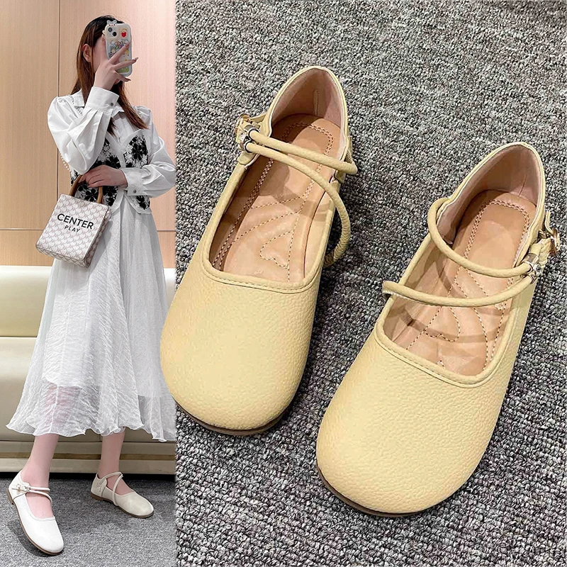 

New Summer Flat Shoes for Women Sexy Fashion Elegant Shallow Mouth Round Toe Square Heel Thick Sole Classic Buckle Relaxation