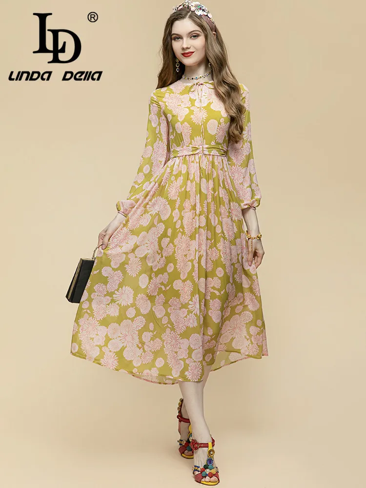 

LD LINDA DELLA 2023 Summer Fashion Runway Vacation Dress Women Lantern Sleeve Floral Print Holiday Party vintage Midi Dress
