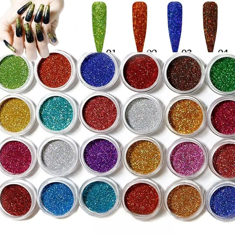 

24 Jar/Lot Holographic Glitter Nails Art Powder Ultrafine 24 Colors Laser Powder for Face/Body/Eye Nail Dust Manicure Gel Decor