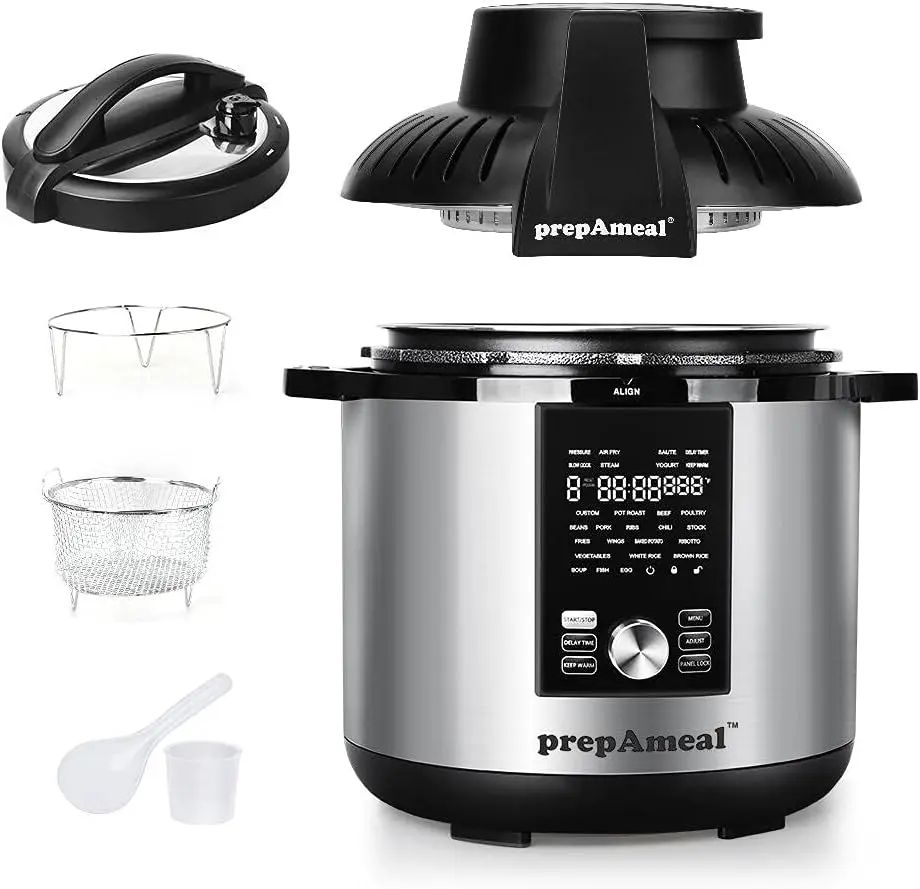 

prepAmeal 8Qt Pressure Cooker & Air Fryer Combo with Pressure Lid and Air-Fry Lid - 7-in-1 cooking Modes, Easy Read LCD Display