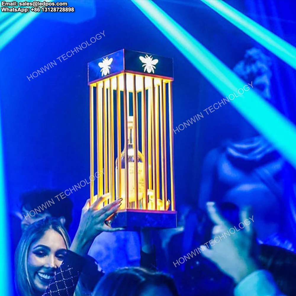 

Custom logo Illuminated Gold Moet Champagne Bottle Cage Presenter VIP Service Glorifier Display Case Neon Sign LED Carrier Box