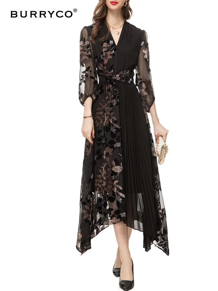 

BURRYCO Women's New 2024 Summer Luxury Velvet Spliced Weaving Flower Flare Dress