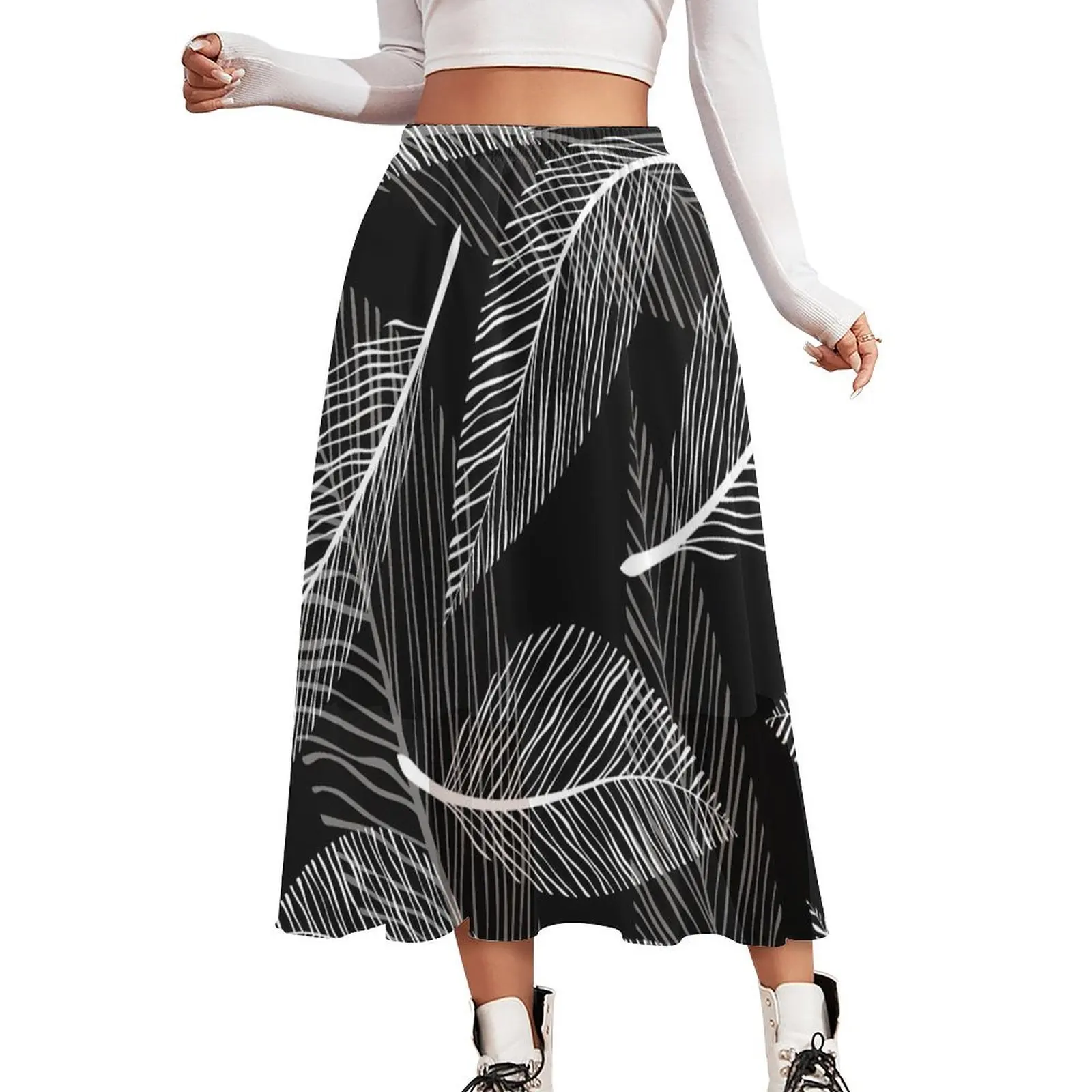 

Женская винтажная юбка в стиле «Харадзюку», длинная юбка с принтом в виде белых листьев, юбка большого размера с графическим принтом в стиле бохо
