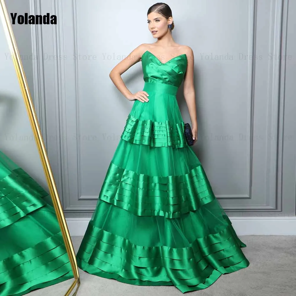 

A-line Evening Dresses Strapless 2024 New Sleeveless Satin Open Back Layered Party Dress Brush Train Floor Length Robe de soirée