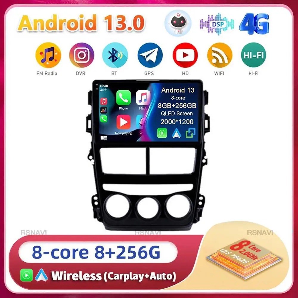 

Android 13 Carplay Auto WIFI+4G for Toyota Vios Yaris 2018 2019 2020 Autoradio Car Radio Stereo Video Multimedia Player 2din DSP