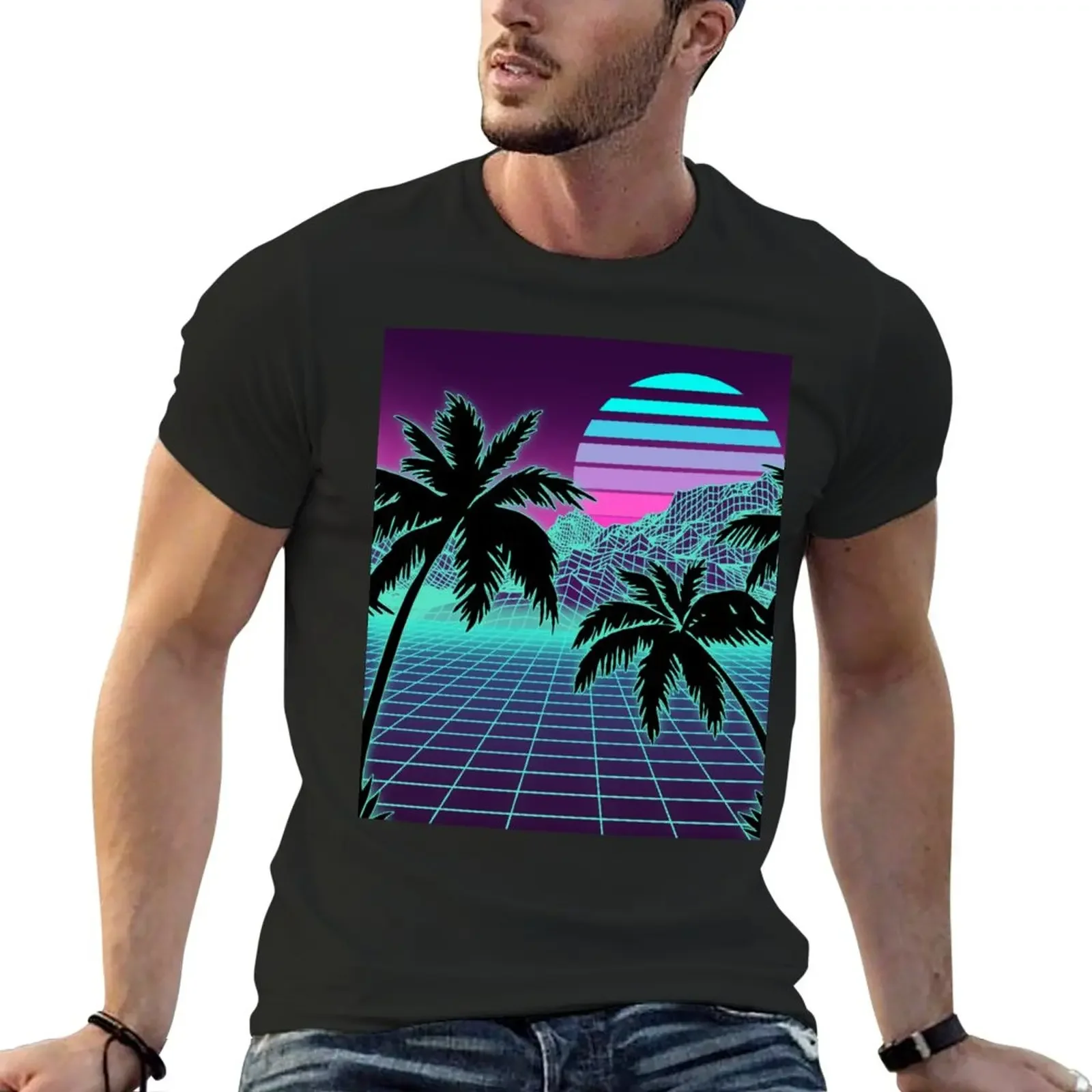 

Retro 80s Vaporwave Sunset Sunrise With Outrun style grid print T-Shirt customizeds cute clothes designer t shirt men