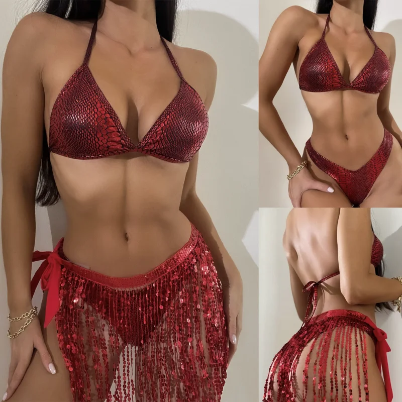 

Women's Sexy Sequin Halter Triangle Bikini Bathing Suit with Fringe Trim Skirt 3 Piece Swimsuits