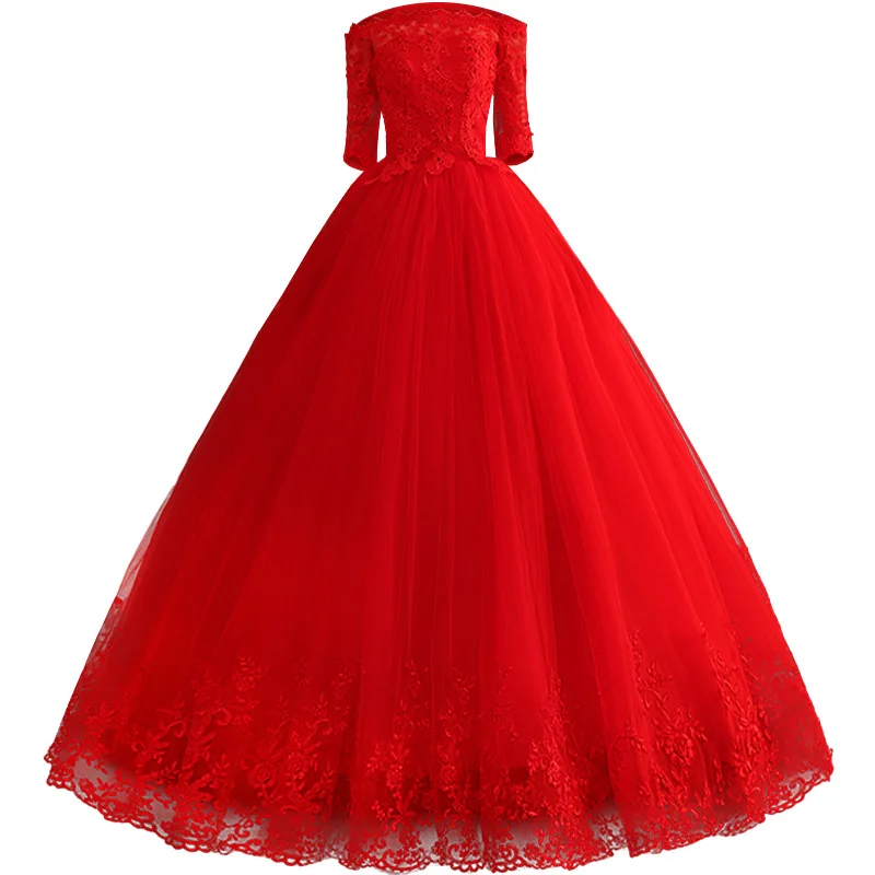 Robe De mariée classique rouge en dentelle, élégante, col bateau, grande taille, 2023 5