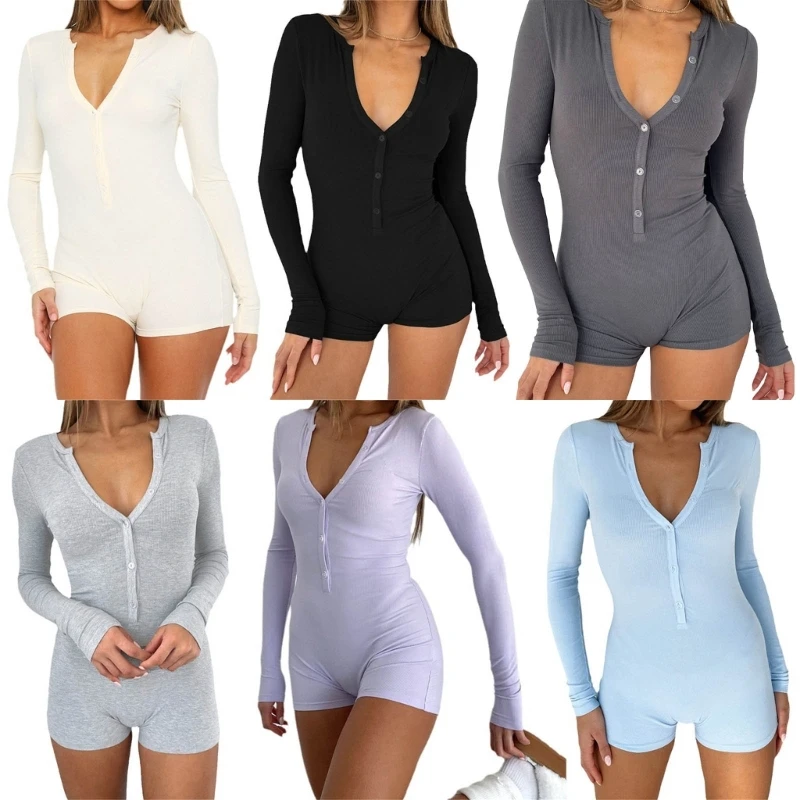 

Womens Long Sleeve Ribbed Knit Bodycon Jumpsuits Sexy V-Neck Button Down Short Romper Overalls Solid Color Playsuit