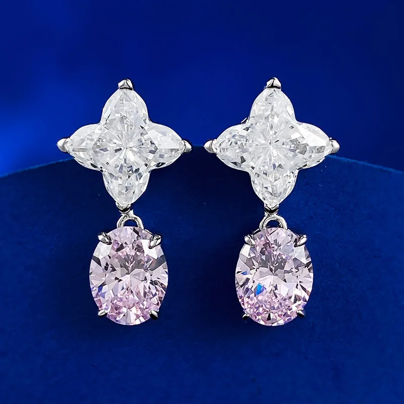 

New 925 silver imported high carbon diamond clover 11 * 11mm inlaid oval pink diamond earrings luxury inlay