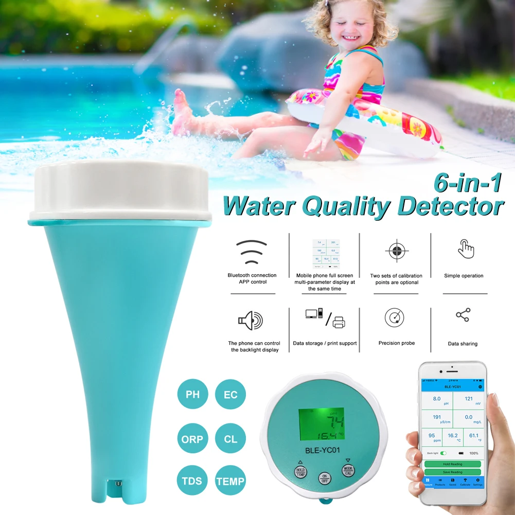 6 in 1 pH Floating Smart Swimming Pool Water Analyzer Chlorine EC TDS ORP TEMP Tester for Spa Pool water with Bluetooth App
6 in 1 pH Floating Smart Swimming Pool Water Analyzer Chlorine EC TDS ORP TEMP Tester for Spa Pool water with Bluetooth App