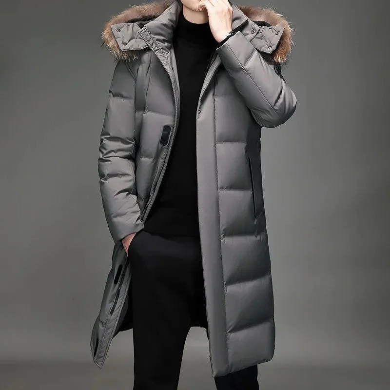 

New 2024 Men White Duck Down Jacket Winter Coat Mid-length Loose Parkas Thicken Warm Handsome Outwear Hooded Trend Overcoat