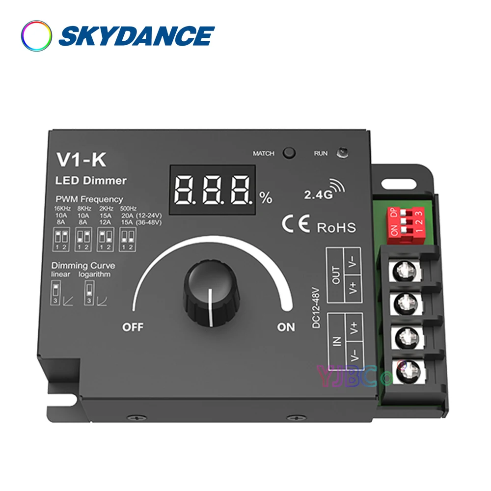 

Skydance 12V-48V 24V LED PWM Dimmer Switch 20A Frequency Adjustable Knob LED Strip Dimmer for Lighting Modules V1-K Controller