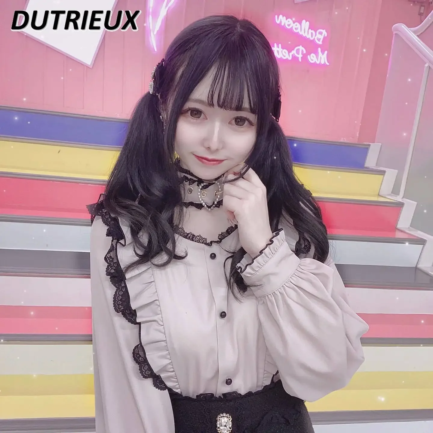 

Japanese Style Ruffled Love Neck Band Bottoming Shirt Women Lolita Sweet Cute Doll Collar Long Sleeve Top Autumn New Blusas Tops