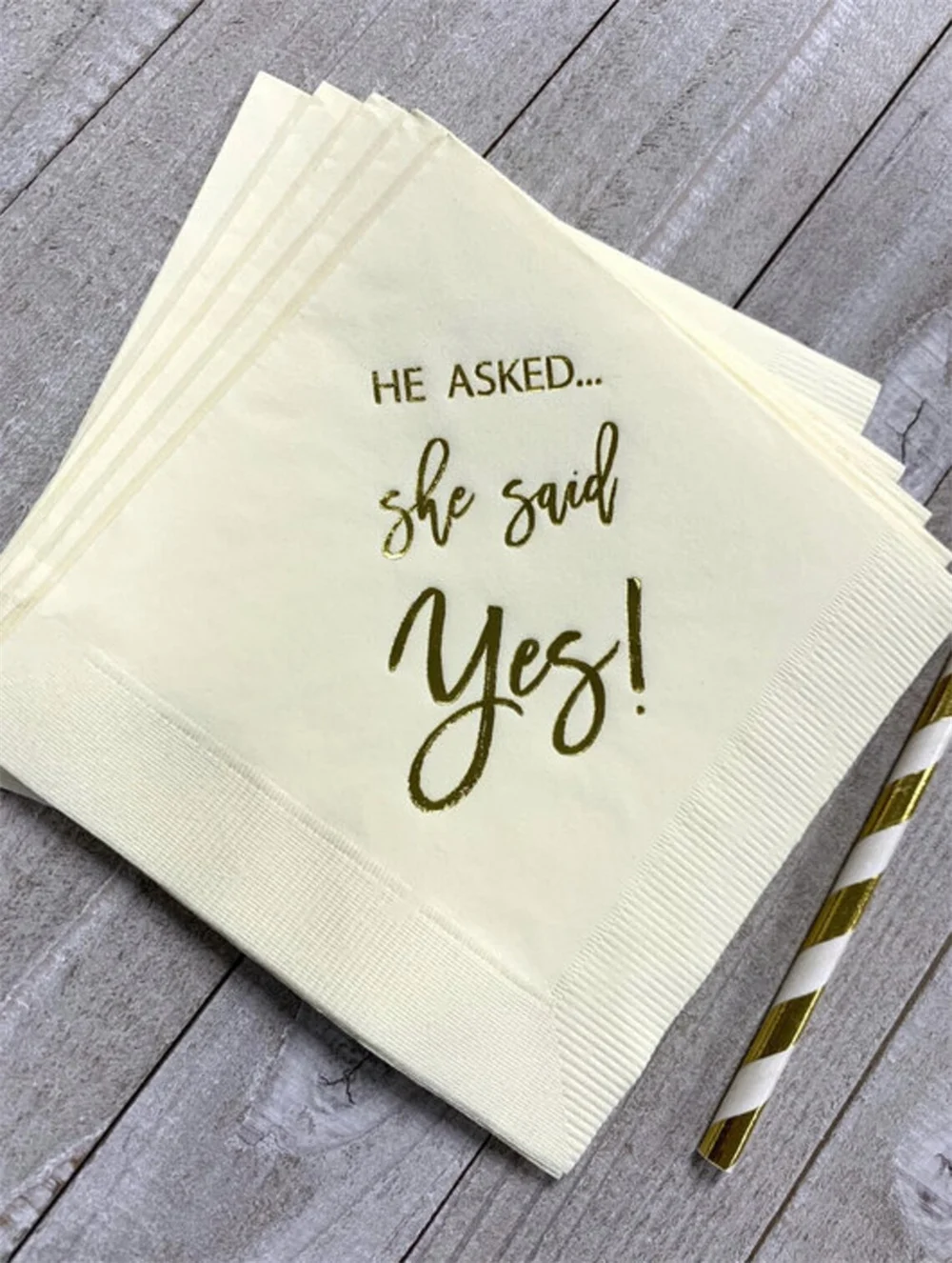 

50 25 - Ivory Ecru with Metallic Gold Foil Cocktail Beverage Napkins He Asked She said Yes Engagement Party - SHIPS in 24 HOURS