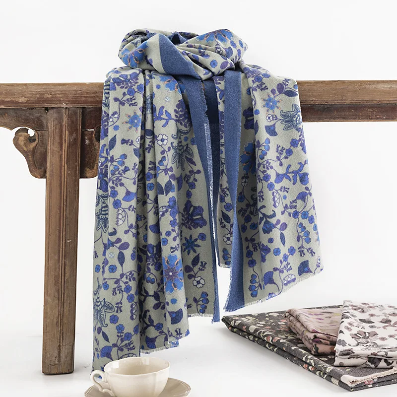 

Blue Flower Print Scarves Elegant Bufanda Mujer Women Cashmere Blend Shawls Spring Autumn Warp Blankets Foulard Scarf Neckchief