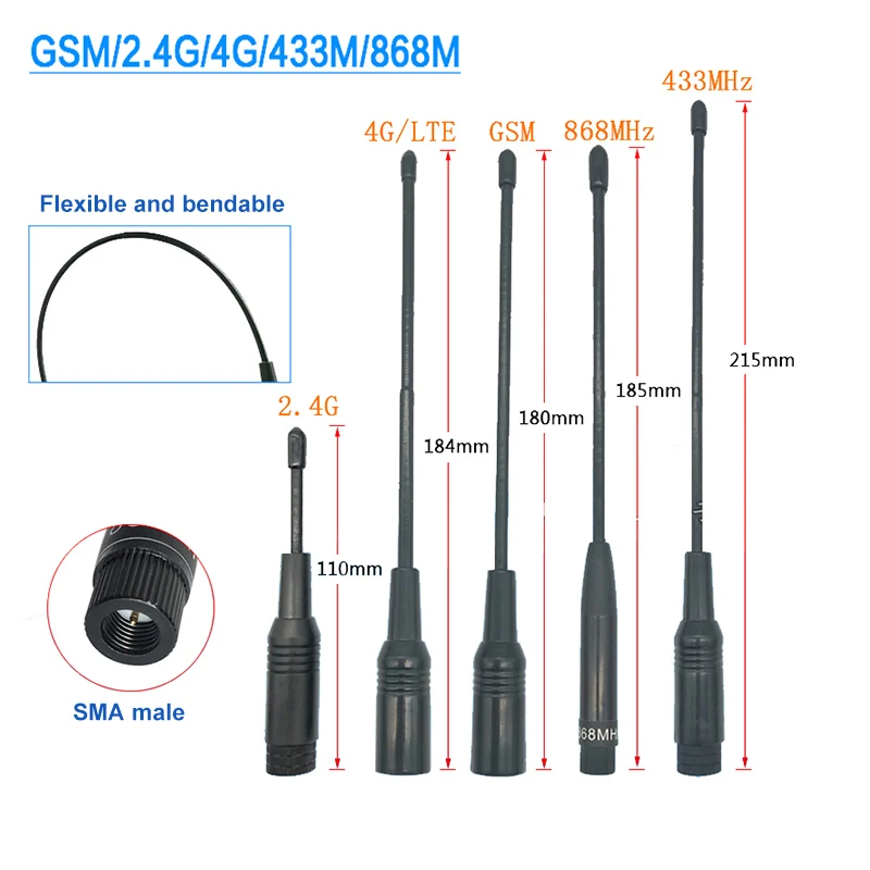 

1Pcs 4G LTE GSM 433Mhz 2.4G 868Mhz Antenna Flexible Soft rubber Antenna Bendable SMA male High gain For Radio NB-IoT