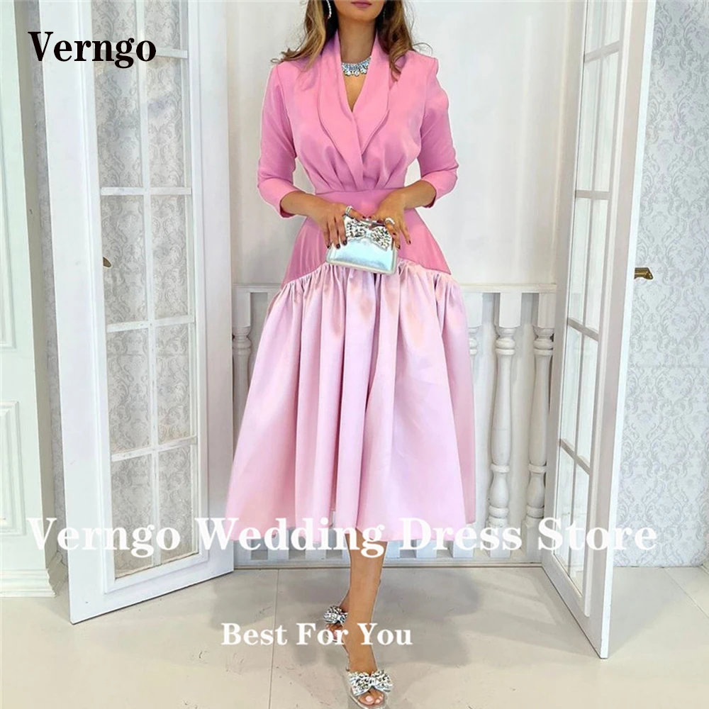 Verngo Vintage Pink Satin A Line Prom Dresses Tea Length V Neck 2/3 Sleeves Evening Gowns Saudi Arabic Women Formal Party Dress
Verngo Vintage Pink Satin A Line Prom Dresses Tea Length V Neck 2/3 Sleeves Evening Gowns Saudi Arabic Women Formal Party Dress