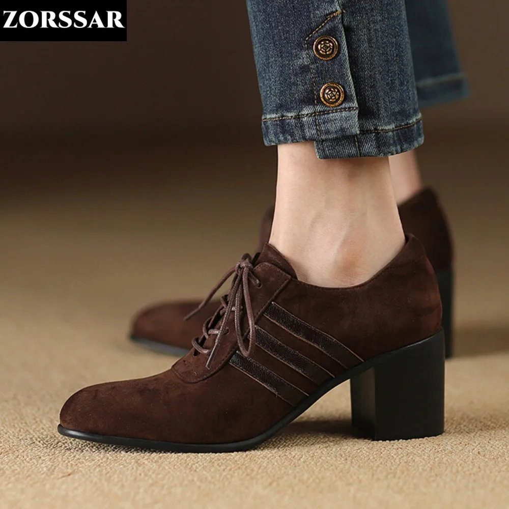 

2024 Autumn Women Suede Oxford Lace Up Shoes Vintage Round Toe Women Ankle Boots England Style High Heels Ladies Chaussure Femme