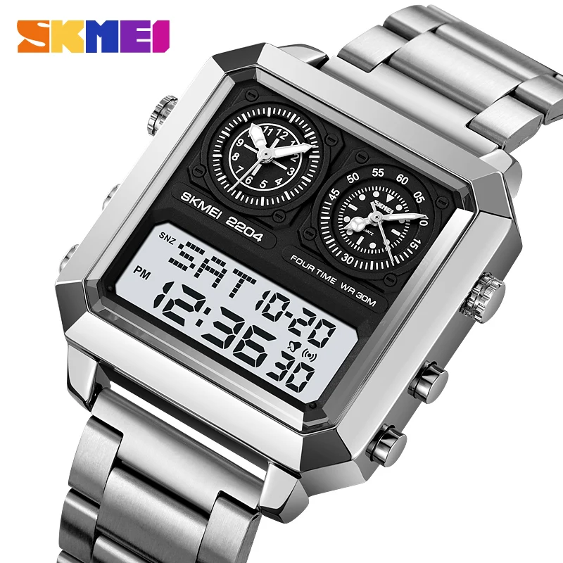 

SKMEI Genuine Men's Electronic Watch Square Mirror Mary Gold Stainless Steel Strap 4 Time Timer Alarm Clock EL Luminous 2204