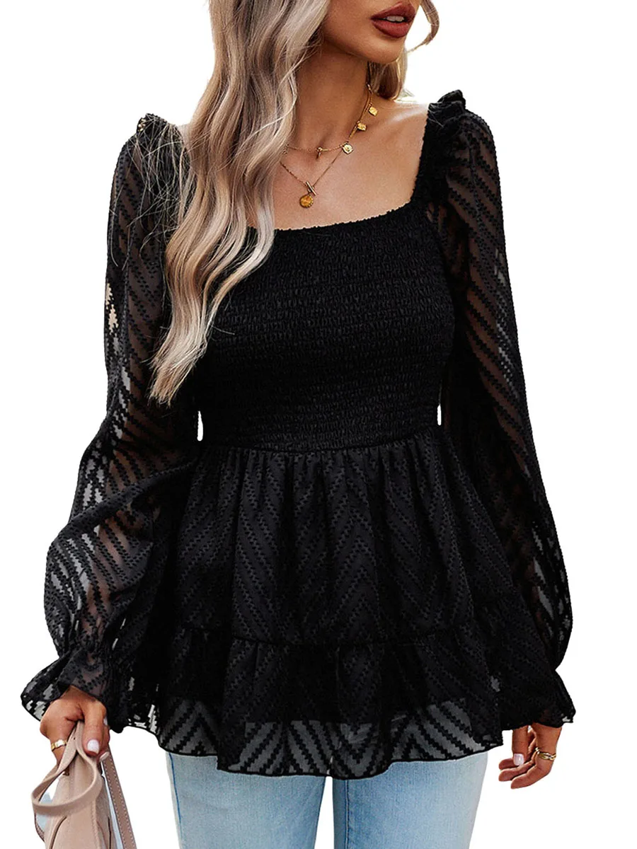 

Women's Scoop Neck Smocked Tops Ruffle Long Sleeve Textured T-Shirts Peplum Blouses