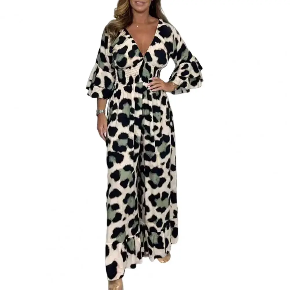 

High-waisted Jumpsuit Leopard Print Wide Leg Jumpsuit for Women Stylish V Neck Mid Sleeve Ruffle Patchwork Design for Commute