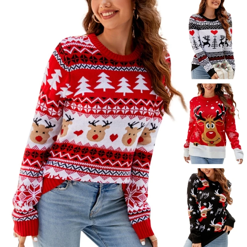 

Women's Christmas Snowflake Reindeer Knitted Sweater Jumper Long Sleeve Neck Tree Animal Print Pullover Knitwear Dropship