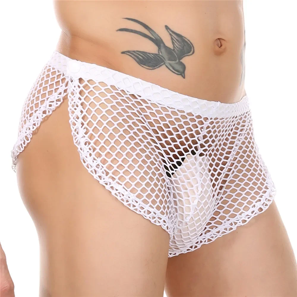 

Sexy Men Sheer Fishnet Boxers Lingerie Underwear Gay Sissy Side Split Boxer Shorts Fishnet Mesh Underpants See Through Panties