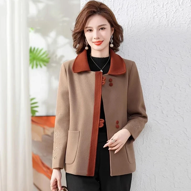 

2024Spring Autumn New Mother's Woolen Jacket Elegant Noble Short Outwear Middle-Aged Elderly Women Casual Thicken Wool Coat 5XL