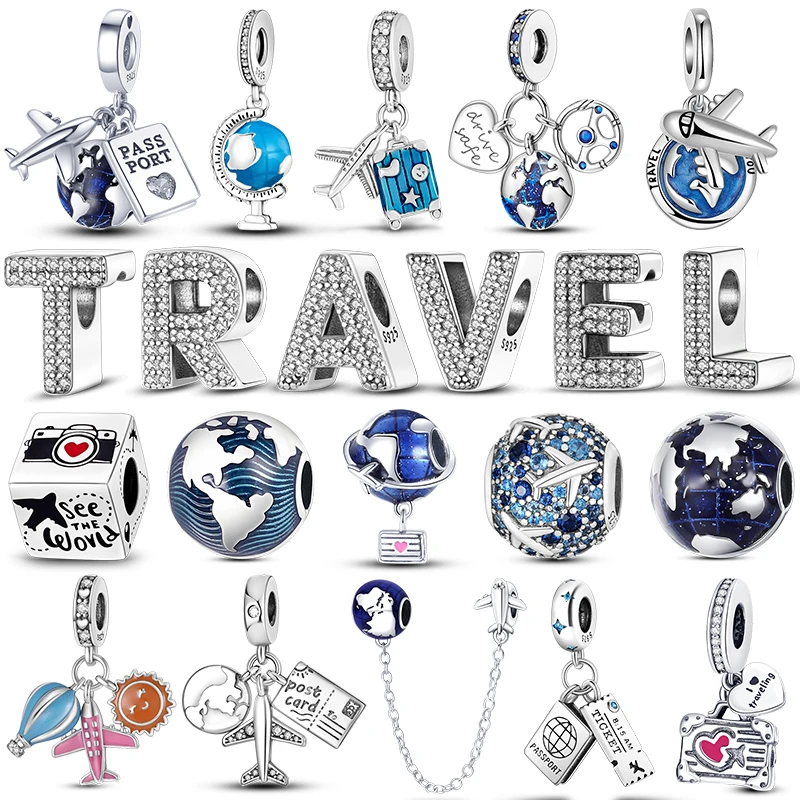 

925 Sterling Silver Travel Passport Trunk Charms Fit Pandora Original Bracelet Diy Airplane Earth Beads for Jewelry Making Gift