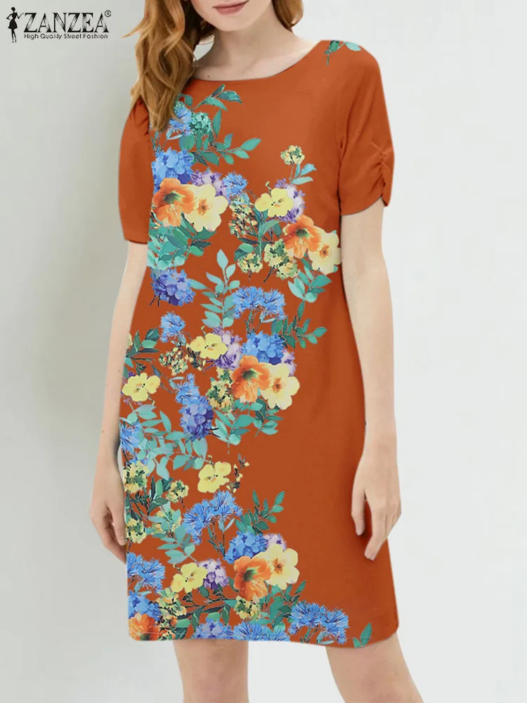 

2024 Summer Mini Dress Vintage ZANZEA Bohemian Floral Printed Short Sleeve Sundress Casual Straight Vestidos Female O-neck Robes