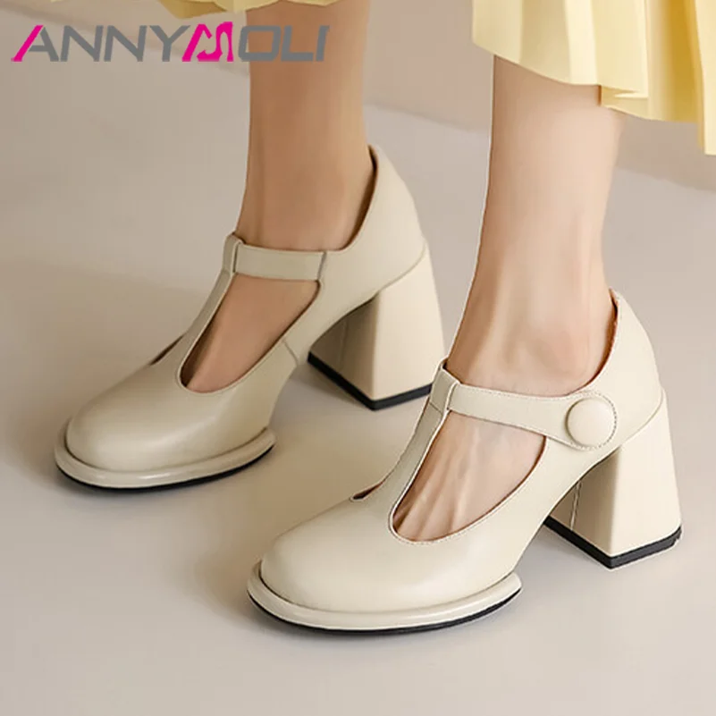 

ANNYMOLI Women Genuine Leather Pumps Platform Thick High Heels Round Toe T-Tied Buckle Concise Party Spring Autumn Shoes Black