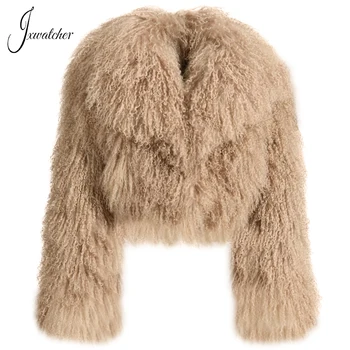 Jxwatcher 여성용 몽골 모피 코트, 큰 턴다운 칼라, 짧은 진짜 모피 코트, 겨울 여성 패션, 따뜻한 푹신한 재킷, 가을