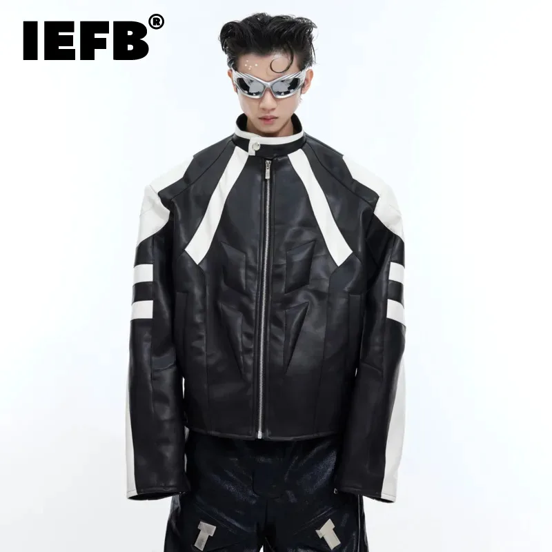 

IEFB Men's PU Leather Jackets High Street Stand Collar Contrast Color Patchwork Zipper Male Short Coats Niche Design New 9C4723