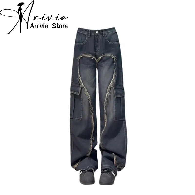 

Women Blue Baggy Cargo Jeans Vintage Cowboy Pants Harajuku 90s Aesthetic Denim Trousers Y2k Trashy Japanese 2000s Style Clothes
