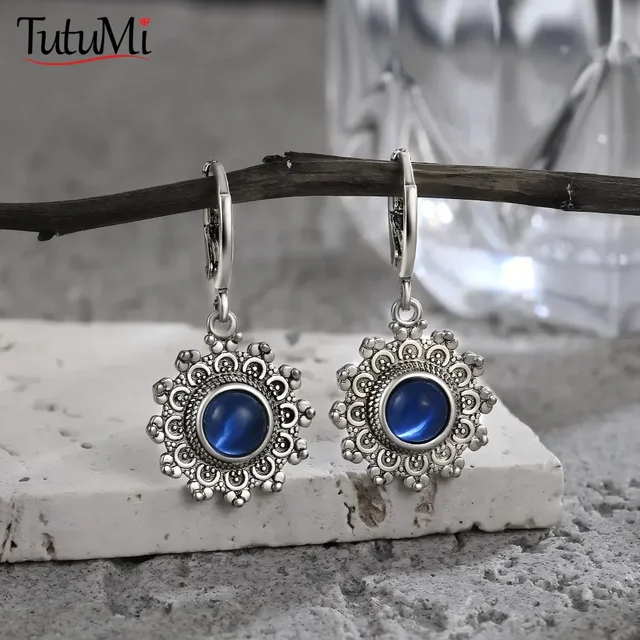 Boucles d'oreilles flocon de neige en kyanite naturelle pour femme, argent regardé 925, boucles d'oreilles rondes, bijoux vintage, cadeaux, 6mm 1