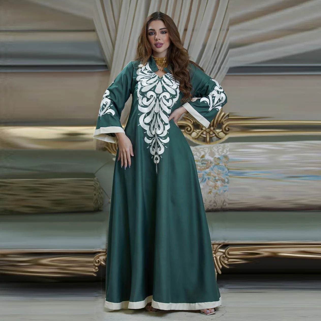 

South Asia Abaya Evening Dress Fashion Embroidery Muslim Dubai Robes Long Sleeves Elegant Maxi Gowns Arabic Vestidos Musulmanes