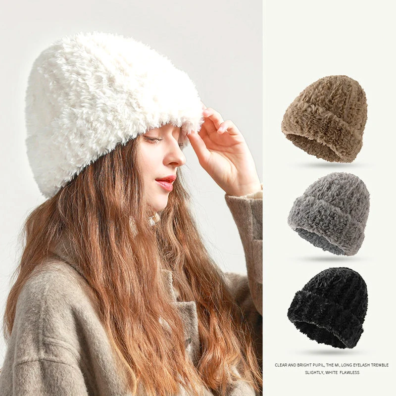 

Women Fuzzy Skullcap Beanie Bonnet Plush Knitted Hat Faux Fur Caps Solid Color Winter Thicken Warm Windproof Outdoors Accessory