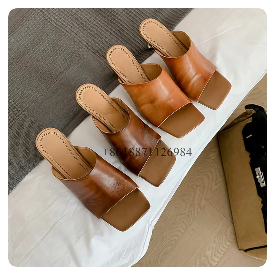 

Full Grain Leather Square Toe Summer Women Slippers Stiletto High Heels With Metal Decoration Slip On Design Mules Shoes
