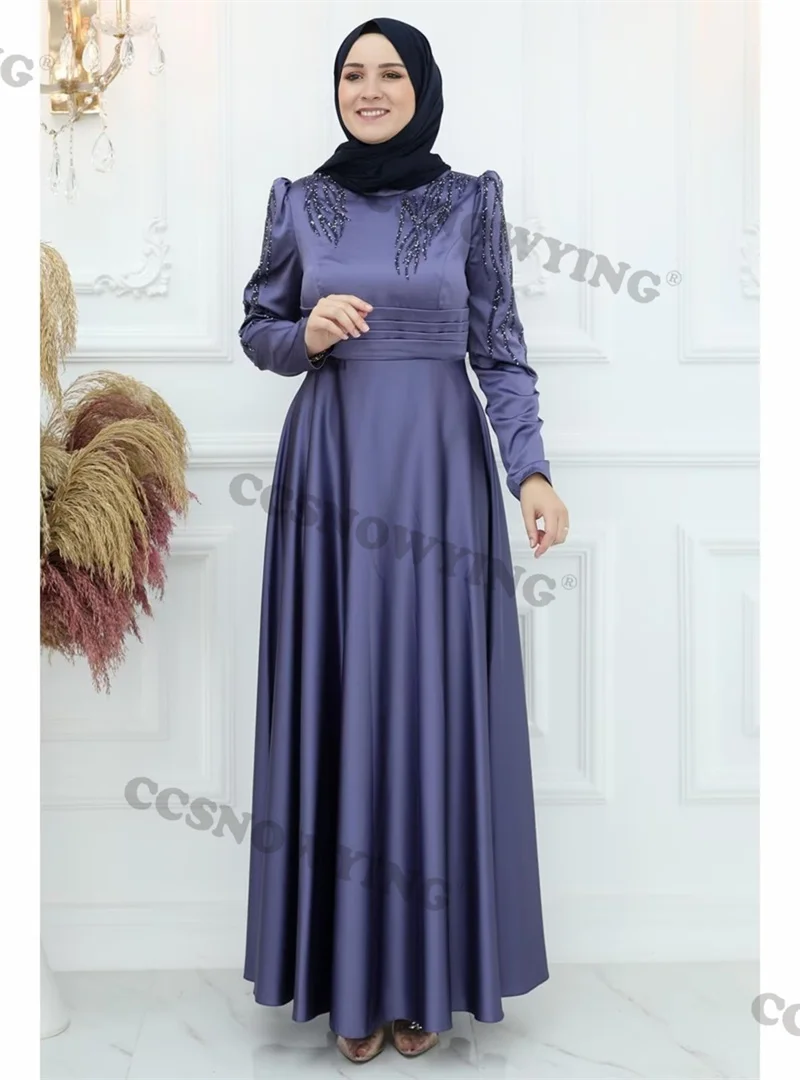 

Elegant Appliques Beaded Muslim Evening Dresses Long Sleeve Islamic Formal Party Gowns High Neck Women Arabic Robes De Soirée