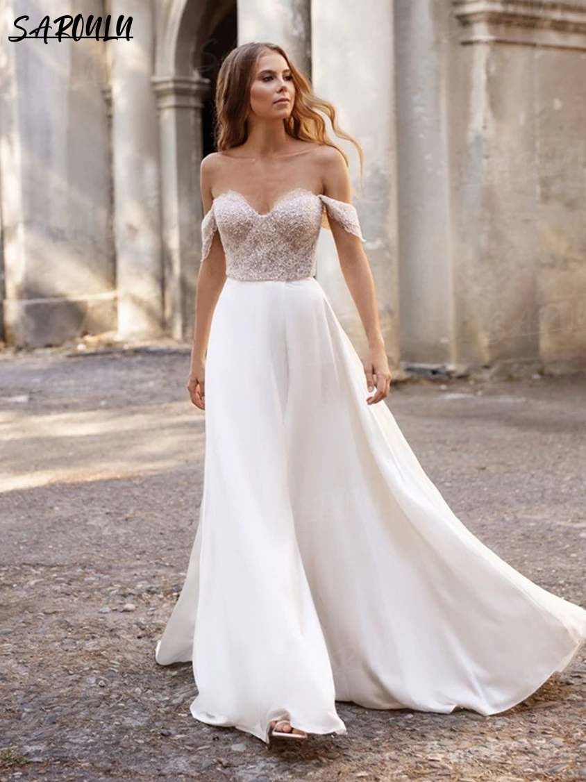 Off The Shoulder Sleeves Bride Dresses Chiffon Sweep Train Skirt Bridal Gown Plus Size Two Pieces Beach Wedding Dress High Slit
Off The Shoulder Sleeves Bride Dresses Chiffon Sweep Train Skirt Bridal Gown Plus Size Two Pieces Beach Wedding Dress High Slit