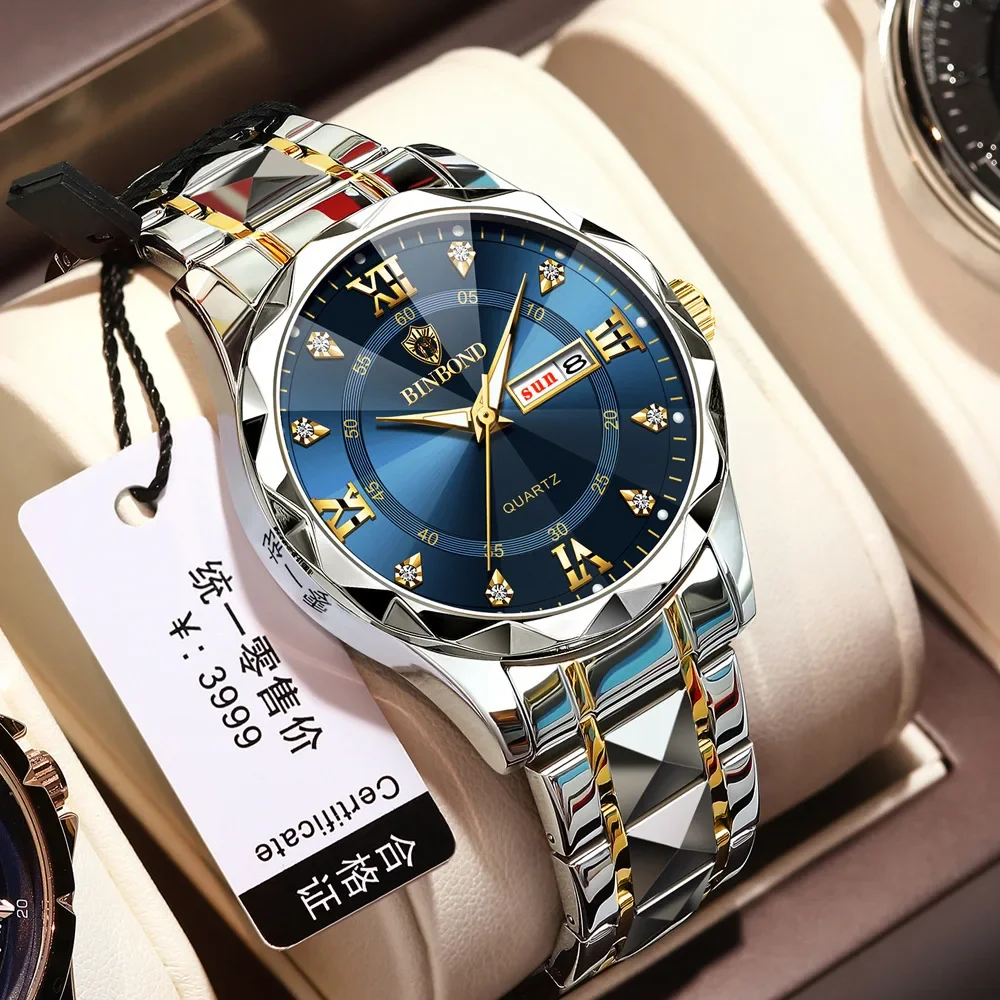 

Binbang B2521 Men's Watch Waterproof Night Glow Double Calendar Watch Men's Business Quartz Watch Diamond Pointed Glass