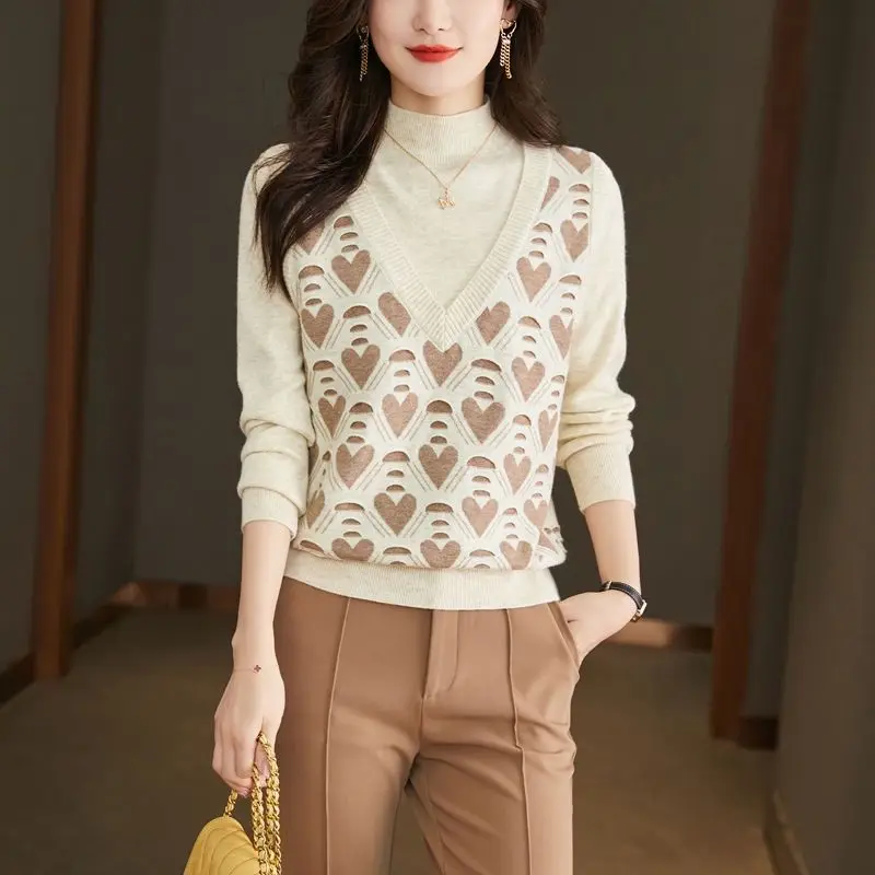 

Женские элегантные модные свитера с полувысоким воротником, корейские винтажные трикотажные топы контрастных цветов с длинным рукавом, женская одежда