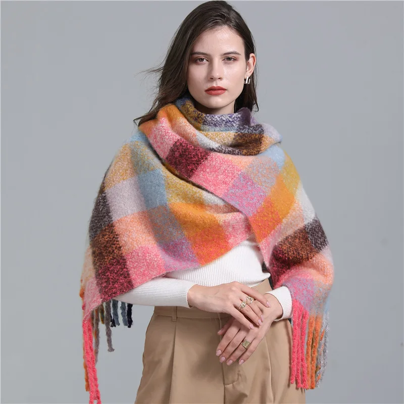 

Women Autumn Winter Rainbow Grid Scarf Fashion Neckerchief Thickening Warm Tassel Scarve Cashmere Imitation Wrap For Men Shawl