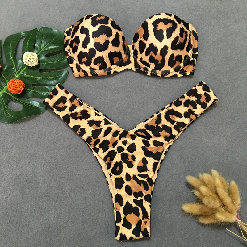 

Sexy Leopard Bikini 2023 Push Up Bandeau Swimsuit Female Swimwear Women Thong Bikinis Set Bather Beachwear Bathing Suit Pool