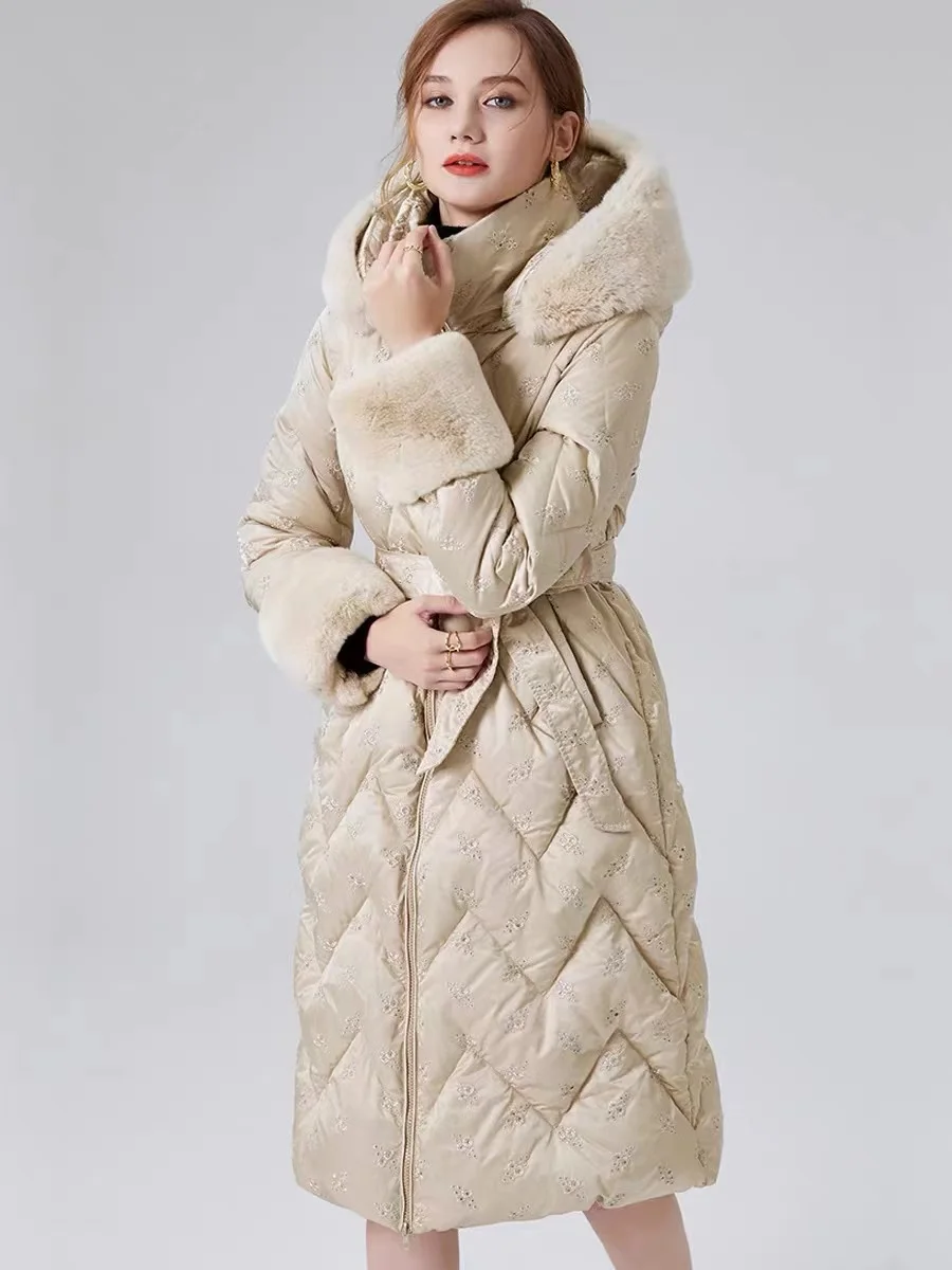 

Модная пуховая куртка с капюшоном из натурального меха, 90% гусиный пух, пуховики, пушистые пальто, женские зимние плотные теплые парки, верхняя одежда WY1264