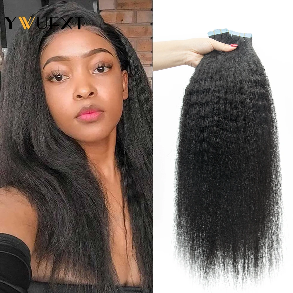 

YWUEXT Kinky Straight Tape In Human Hair Extensions 10"-24" Invisible PU Skin Weft Natural Black Remy Hair 20pcs/pack