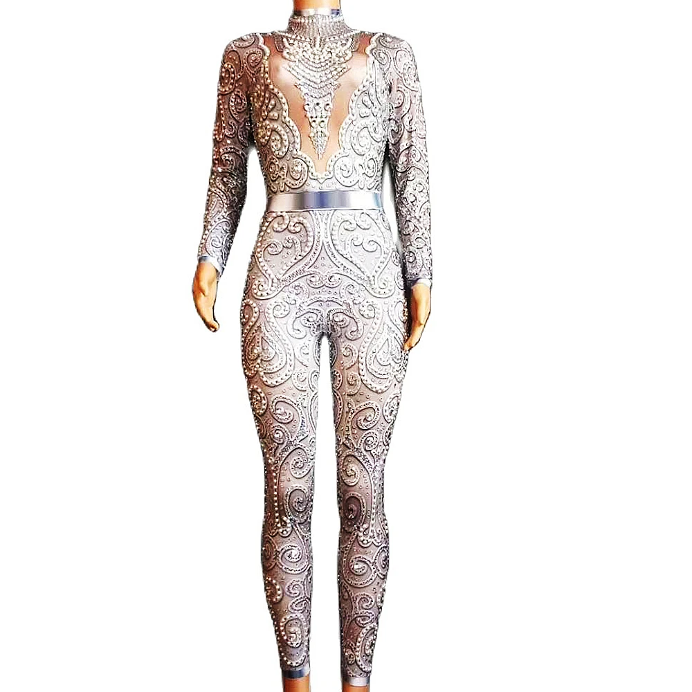 

Long Sleeves Shining Pearls Crystal Sexy Printing Jumpsuits For Women Nightclub DJ Stage Singer Perform Drag Queen Costumes